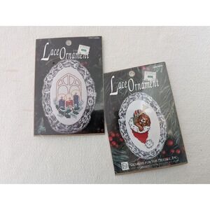 2 DMC Counted Cross Stitch Kit Lace Ornament 1248 Puppy 1304 Candles Christmas